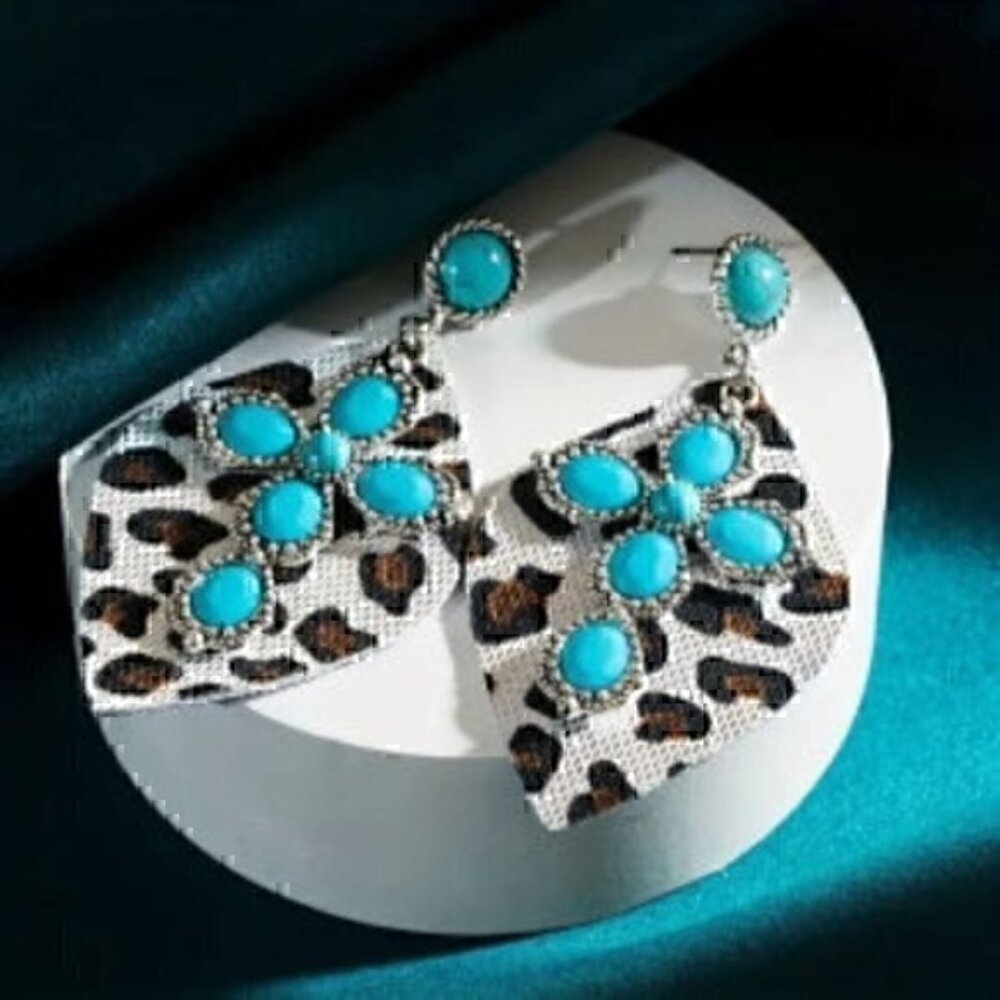 Cross With Turquoise Shiny Rhinestone Decor Leopard Earrings Retro Bohemian